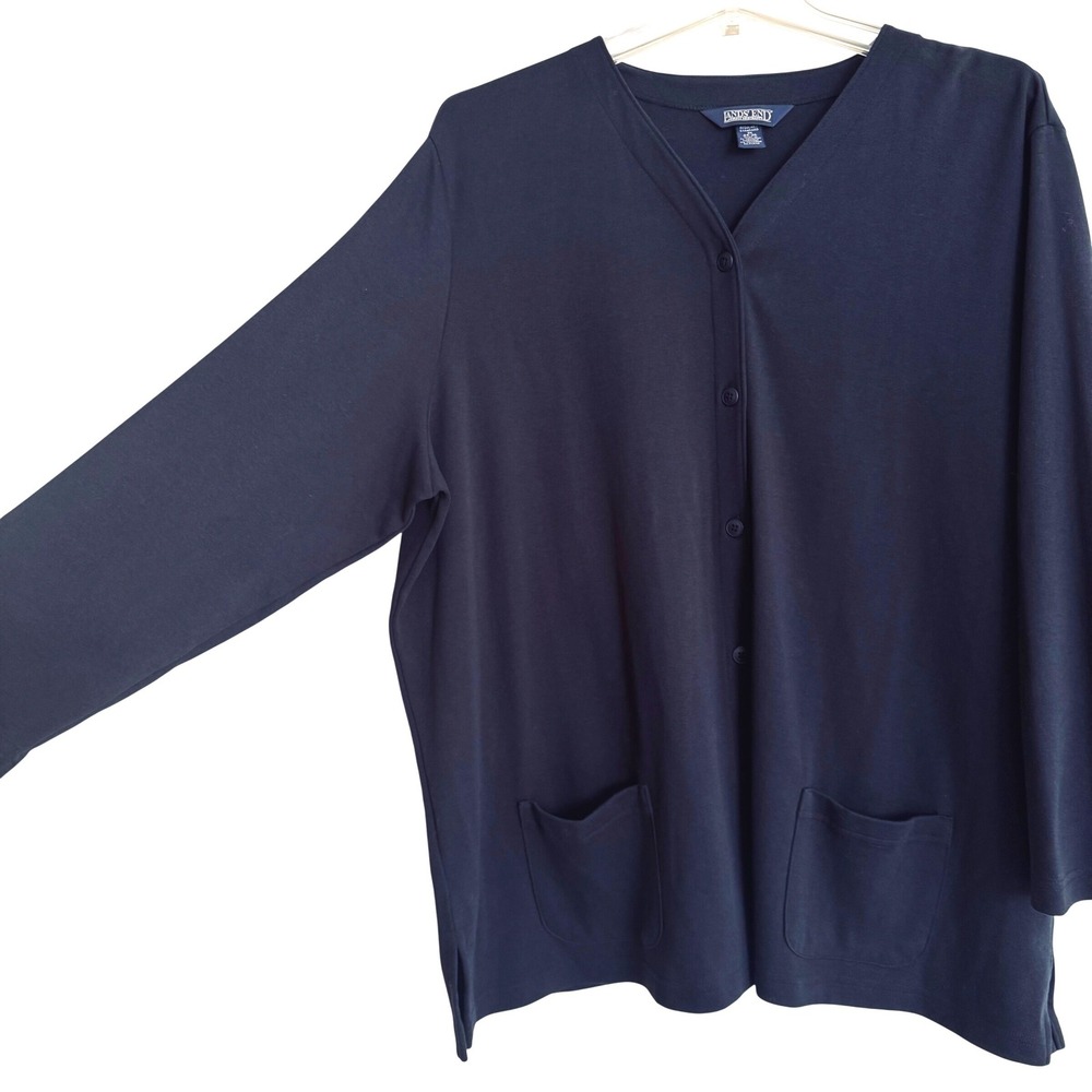 Lands End Womens 3X Navy Blue Cotton Button Front Cardigan Sweater Pockets 24-26 - Picture 3 of 6